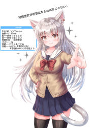 Rule 34 | 1girl, animal ear fluff, animal ears, black thighhighs, blue skirt, blush, brown eyes, cardigan, cat ears, cat tail, character profile, cocoasabure, cowboy shot, earrings, eyes visible through hair, hand on own hip, highres, jewelry, long hair, looking at viewer, original, pleated skirt, pointing, pointing at viewer, sailor collar, school uniform, serafuku, silver hair, skirt, slit pupils, smile, solo, standing, tail, thighhighs, translation request, white background