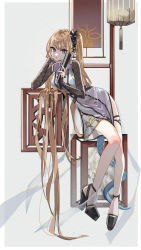 Rule 34 | 1girl, absurdly long hair, arknights, arm support, bare legs, black footwear, black gloves, blonde hair, breasts, dress, elbow gloves, fingerless gloves, folded fan, folding fan, full body, gloves, gradient background, grey background, hand fan, high heels, highres, holding, holding fan, indigo (arknights), indigo (serene day) (arknights), lantern, long hair, looking at viewer, medium breasts, official alternate costume, one side up, paper lantern, parted lips, pointy ears, purple dress, purple eyes, see-through, solo, tail, thigh strap, very long hair, wusebuhui