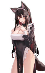 Rule 34 | 1girl, animal ears, arknights, black collar, black dress, black hair, black nails, blush, breasts, cleavage, collar, colored inner hair, cowboy shot, crossed bangs, detached collar, dress, ear piercing, extra ears, hair between eyes, hairband, hands on own chest, hands up, highres, large breasts, long sleeves, looking at viewer, multicolored hair, nail polish, nun, paid reward available, parted lips, pelvic curtain, piercing, red hair, ru zhai, sidelocks, simple background, solo, streaked hair, tail, texas (arknights), white background, white hairband, wolf ears, wolf tail, yellow eyes