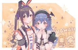 Rule 34 | 4girls, animal ears, asahi rokka, bad id, bad twitter id, bang dream!, bare shoulders, blue hair, blush, bow, brown hair, chibi, closed eyes, closed mouth, crossed arms, detached collar, detached sleeves, earrings, fake animal ears, green eyes, hair between eyes, halloween costume, hanazono tae, hands up, jewelry, long hair, looking at viewer, multiple girls, open mouth, puffy detached sleeves, puffy sleeves, purple bow, rabbit ears, romaji text, sato masuki, shiontaso, shy, smile, sparkle, twintails, upper body, wakana rei, wrist cuffs