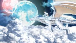 Rule 34 | 1boy, cloud, dragon, flying, from side, full moon, game cg, hatsuru koto naki mirai yori, ino (magloid), mimori ichirou, moon, multiple moons, riding, wings, yukikaze geneblood
