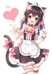 Rule 34 | 1girl, :d, ahoge, animal ears, apron, bell, black dress, black hair, blush, bow, cat ears, cat girl, cat tail, center frills, commentary request, commission, dress, fang, frilled apron, frilled dress, frills, hair between eyes, hair bow, hair intakes, hair ornament, hairclip, hands up, heart, highres, jingle bell, leg ribbon, long hair, looking at viewer, low twintails, maid, maid headdress, mauve, medium hair, open mouth, original, pink bow, pink ribbon, pixiv commission, red eyes, ribbon, short sleeves, simple background, smile, solo, tail, tail bow, tail ornament, thigh ribbon, twintails, waist apron, white apron, white background, wrist cuffs