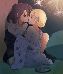 Rule 34 | 2girls, against wall, bang dream!, bare back, bare shoulders, blonde hair, blush, closed eyes, fireworks, french kiss, grass, hand on another&#039;s chest, hand on breast, japanese clothes, kimono, kiss, mask, unworn mask, multiple girls, night, open clothes, purple hair, red eyes, seri (vyrlw), seta kaoru, shirasagi chisato, sitting, sweat, tongue, tongue out, wariza, yuri