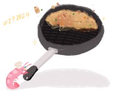 Rule 34 | animalization, bocchi the rock!, bocchidaily, chef hat, commentary, cooking, cube hair ornament, dated, english commentary, food, food focus, fried rice, frying pan, gotoh hitori, hair ornament, hat, highres, holding, holding frying pan, meme, no humans, shrimp, shrimp fried this rice (meme), simple background, solo, sparkle, white background