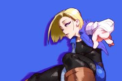 Rule 34 | 1girl, android 18, asymmetrical hair, black pantyhose, blonde hair, blue background, blue eyes, boots, breasts, denim, denim shorts, dragon ball, dragonball z, eyelashes, highres, jankojaro, knee boots, lips, looking at viewer, pantyhose, parted lips, pointing, pointing at viewer, short hair, shorts, small breasts, solo, vest
