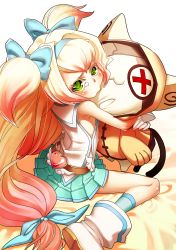 Rule 34 | 1girl, bed, blazblue, bow, frown, hair bow, heart, heart-shaped pupils, highres, hug, jubei (blazblue), legs apart, looking at viewer, magical girl, non-web source, official art, platinum the trinity, solo, stuffed toy, symbol-shaped pupils