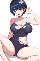 Rule 34 | 1girl, areola slip, arm at side, armpit crease, bare arms, bare legs, bare shoulders, black one-piece swimsuit, blue eyes, blue hair, blunt bangs, blush, breasts, collarbone, commentary request, feet out of frame, flower, hair flower, hair ornament, hand up, head tilt, highres, large breasts, looking at viewer, navel, one-piece swimsuit, open mouth, purple flower, raised eyebrows, school swimsuit, senran kagura, shadow, short hair, simple background, sitting, solo, spread legs, stomach, surippa1010, swimsuit, teeth, torn clothes, torn swimsuit, upper teeth only, white background, white flower, yozakura (senran kagura)