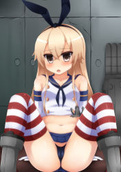 Rule 34 | 10s, 1girl, :o, absurdres, anchor hair ornament, arm support, bad id, bad pixiv id, bare shoulders, black eyes, black panties, blonde hair, blush, cameltoe, cleft of venus, elbow gloves, gloves, hair ornament, hairband, highres, kantai collection, long hair, panties, school uniform, serafuku, shimakaze (kancolle), sitting, solo, striped clothes, striped thighhighs, thighhighs, underwear, white gloves, zack (haiuinndo)