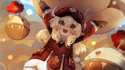 Rule 34 | 1girl, ahoge, backpack, bag, blonde hair, blush, dress, explosion, feathers, genshin impact, hair between eyes, hat, hat feather, holding, klee (genshin impact), long hair, long sleeves, looking at viewer, low twintails, open mouth, red dress, red eyes, red hat, smile, solo, tanned banana, twintails, white feathers, white legwear
