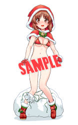 Rule 34 | 1girl, bikini, blush, boko (girls und panzer), boots, bottomless, bow, breasts, brown eyes, brown hair, capelet, censored, censored by text, christmas, commentary, fur-trimmed boots, fur-trimmed capelet, fur-trimmed gloves, fur trim, girls und panzer, gloves, green bow, heel up, highres, hood, hood up, hooded capelet, looking at viewer, medium breasts, monolith (suibou souko), navel, nishizumi miho, open mouth, plaid footwear, red capelet, red footwear, red gloves, sack, sample watermark, santa bikini, santa costume, shadow, short hair, side-tie bikini bottom, simple background, smile, solo, standing, swimsuit, unworn bikini, watermark, white background
