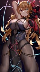 Rule 34 | 1girl, abs, absurdres, armor, bare shoulders, black dress, black gloves, black pantyhose, blonde hair, breasts, chain, covered navel, dress, elbow gloves, barghest (fate), barghest (second ascension) (fate), fate/grand order, fate (series), gauntlets, gloves, green eyes, heterochromia, highres, horns, large breasts, long hair, looking at viewer, muscular, muscular female, pantyhose, pauldrons, pelvic curtain, red eyes, shoulder armor, sideboob, single gauntlet, single pauldron, solo, thick thighs, thighs, toukan