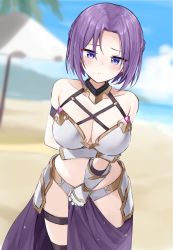 Rule 34 | 1girl, arm under breasts, armor, bad id, bad pixiv id, beach, bikini, bikini armor, blue eyes, blue sky, blurry, blurry background, blush, braid, breasts, cleavage, closed mouth, cloud, collarbone, commentary request, covering crotch, covering privates, day, depth of field, gauntlets, halterneck, hand on own arm, highres, jitome, jun (princess connect!), jun (summer) (princess connect!), looking at viewer, medium breasts, outdoors, parted bangs, princess connect!, purple hair, sand, sarong, shengtian, short hair, sky, solo, swimsuit, umbrella, water, white bikini