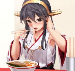 Rule 34 | 10s, 1girl, :o, aiguillette, armpits, bandages, bare shoulders, black hair, blurry, blush, bowl, brown eyes, chopsticks, collarbone, detached sleeves, eating, egg (food), eto, eyebrows, food, hair ornament, hairband, hairclip, hand in own hair, hand up, hardboiled egg, haruna (kancolle), headgear, japanese clothes, kantai collection, long hair, meat, nontraditional miko, noodles, nori (seaweed), open mouth, pork, ramen, restaurant, ribbon-trimmed sleeves, ribbon trim, sarashi, sitting, skirt, smile, solo, soup, wide sleeves, yellow background