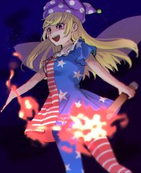 Rule 34 | 1girl, american flag, american flag dress, american flag legwear, blonde hair, clownpiece, dress, fairy, fairy wings, frilled shirt collar, frills, hat, holding, iirodo, jester cap, leggings, long hair, neck ruff, night, night sky, one-hour drawing challenge, open mouth, outdoors, pantyhose, pink eyes, polka dot, print legwear, print pantyhose, short dress, short sleeves, sky, smile, solo, star (symbol), star print, striped clothes, striped dress, striped pantyhose, torch, touhou, very long hair, wings