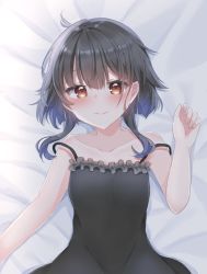 Rule 34 | 1girl, bare shoulders, bed sheet, black hair, black nightgown, blush, breasts, brown eyes, closed mouth, collarbone, commentary, curled fingers, female focus, frilled nightgown, fu7, hair between eyes, hand up, highres, kono subarashii sekai ni shukufuku wo!, looking at viewer, megumin, nightgown, on bed, short hair, short hair with long locks, sidelocks, sleeveless, small breasts, smile, solo, spaghetti strap, upper body