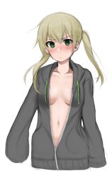 Rule 34 | 1girl, black jacket, blonde hair, blush, breasts, closed mouth, coat, embarrassed, green eyes, highres, hood, hoodie, jacket, long sleeves, looking at viewer, maka albarn, medium breasts, naked coat, navel, open clothes, open coat, otxoa60, sketch, sleeves past wrists, solo, soul eater, sweatdrop, twintails, upper body