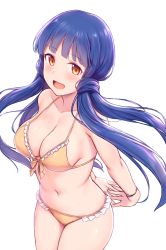 Rule 34 | 1girl, :d, arms behind back, bare arms, bare shoulders, bikini, blue hair, breasts, cai geng, cleavage, collarbone, cowboy shot, frilled bikini, frills, front-tie bikini top, front-tie top, halterneck, idolmaster, idolmaster million live!, kitakami reika, large breasts, long hair, looking at viewer, navel, open mouth, orange eyes, simple background, smile, solo, stomach, stretching, string bikini, swimsuit, thighs, white background, yellow bikini