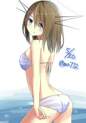 Rule 34 | 10s, 1girl, a.a (aa772), ass, back, bad id, bad pixiv id, bikini, blue eyes, breasts, brown hair, kantai collection, maya (kancolle), personification, simple background, solo, swimsuit, twitter username, water