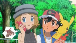 Rule 34 | 1boy, 2girls, :o, ash ketchum, black hair, blonde hair, blue eyes, blue vest, brown eyes, commission, creatures (company), day, eyelashes, game freak, gen 1 pokemon, gen 4 pokemon, grey headwear, hand up, hat, holding, holding phone, looking to the side, may (pokemon), mixed-language commentary, multiple girls, nintendo, noelia ponce, on shoulder, open clothes, open mouth, open vest, outdoors, phone, pikachu, pokemon, pokemon (anime), pokemon (creature), pokemon journeys, pokemon on shoulder, pokemon oras, red headwear, rotom, rotom phone, serena (pokemon), shirt, short hair, spoken character, sweater vest, tree, upper body, vest, white shirt