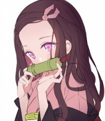 Rule 34 | 1girl, bamboo, bit gag, brown hair, commentary, english commentary, fingernails, forehead, gag, hair ribbon, hands up, hitsukuya, japanese clothes, kamado nezuko, kimetsu no yaiba, kimono, long hair, long sleeves, looking away, mouth hold, nail polish, off shoulder, pink eyes, pink kimono, pink nails, pink ribbon, ribbon, simple background, solo, unfinished, upper body, white background, wide sleeves