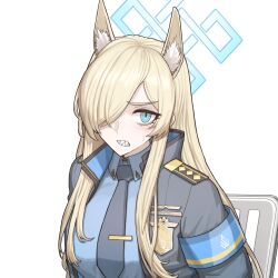 Rule 34 | 1girl, angry, animal ears, armband, blonde hair, blue archive, blue armband, blue eyes, blue jacket, blue necktie, blue shirt, cheogtanbyeong, fox ears, fox tail, hair over one eye, highres, jacket, kanna (blue archive), long hair, looking at viewer, necktie, police, police uniform, policewoman, shirt, sitting, solo, tail, uniform, white background