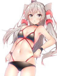Rule 34 | 1girl, amatsukaze (kancolle), bikini, black bikini, blush, breasts, collarbone, cowboy shot, gluteal fold, groin, hair between eyes, hair tubes, halkawa501, highres, kantai collection, long hair, navel, parted lips, silver hair, simple background, small breasts, solo, swimsuit, two side up, white background, yellow eyes