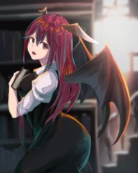 Rule 34 | 1girl, :d, backlighting, bat wings, black dress, blurry, book, hugging book, bookshelf, breasts, collared shirt, colored eyelashes, cowboy shot, depth of field, dress, dress shirt, hair between eyes, head wings, highres, holding, holding book, i-coat, koakuma, long hair, looking at viewer, looking to the side, medium breasts, necktie, hugging object, open mouth, pinafore dress, puffy short sleeves, puffy sleeves, red eyes, red hair, red necktie, shirt, short sleeves, sidelocks, sleeveless, sleeveless dress, smile, solo, stairs, touhou, white shirt, wings