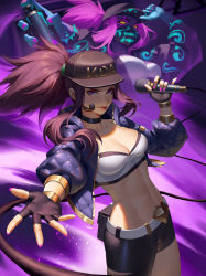 Rule 34 | 1girl, absurdres, akali, baseball cap, belt, black shorts, bracelet, breasts, brown hair, choker, cleavage, commentary request, hat, highres, holding, holding microphone, idol, jacket, jewelry, k/da (league of legends), k/da akali, league of legends, lipstick, long hair, looking at viewer, makeup, mask, medium breasts, microphone, midriff, nail polish, navel, outstretched hand, ponytail, purple eyes, shorts, smile, solo, spray can, standing, ultraviolet light, white belt, yus