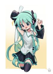 Rule 34 | 2girls, :d, absurdres, alternate hair color, ap04astral, aqua hair, aqua necktie, arm tattoo, arm up, armpits, black headphones, black skirt, black thighhighs, blue eyes, blush, collared shirt, cosplay, detached sleeves, embarrassed, hair ornament, hatsune miku, hatsune miku (cosplay), headphones, headset, highres, hiiragi kagami, image in thought bubble, izumi konata, long hair, lucky star, multiple girls, necktie, open mouth, pleated skirt, shirt, skirt, sleeveless, sleeveless shirt, smile, solo focus, stuffed food, stuffed spring onion, sweat, tattoo, thighhighs, thought bubble, tie clip, twintails, white shirt