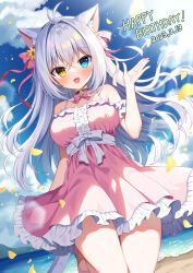 Rule 34 | 1girl, :d, aina rive, animal ear fluff, animal ears, antenna hair, bare shoulders, blue eyes, bow, breasts, cat ears, cat girl, cat tail, center frills, commentary request, dated, dress, flower, frills, grey hair, hair between eyes, hair bow, hair flower, hair intakes, hair ornament, hand up, happy birthday, heterochromia, highres, long hair, looking at viewer, mauve, medium breasts, open mouth, original, petals, pink bow, pink dress, pink footwear, shoes, sleeveless, sleeveless dress, smile, solo, standing, standing on one leg, tail, very long hair, water, yellow eyes, yellow flower