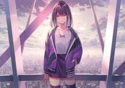Rule 34 | 1girl, black hair, black skirt, black thighhighs, blurry, brown hair, building, cityscape, cloud, collarbone, commentary, contrapposto, cowboy shot, depth of field, fingernails, gradient sky, hair ornament, hairclip, hand in pocket, highres, jacket, koh rd, light smile, looking at viewer, medium hair, miniskirt, observation deck, open clothes, open jacket, original, purple jacket, shirt, skirt, sky, skyscraper, solo, standing, symbol-only commentary, thighhighs, white shirt, zettai ryouiki