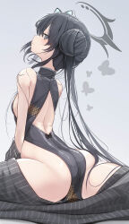 Rule 34 | 1girl, ass, back, black dress, black hair, blue archive, breasts, china dress, chinese clothes, dress, flexible, from behind, genek, halo, highres, kisaki (blue archive), long hair, looking at viewer, looking back, sideboob, small breasts, solo, twintails