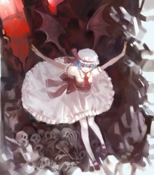 Rule 34 | 1girl, bat wings, blue hair, dress, female focus, highres, outstretched arms, pantyhose, red eyes, remilia scarlet, short hair, skull, smile, solo, spread arms, touhou, white pantyhose, wings, zrero