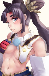 Rule 34 | 1girl, armor, bare shoulders, black hat, blue eyes, blush, breasts, cleavage, detached sleeves, fate/grand order, fate (series), hair ornament, hair rings, hat, long hair, looking at viewer, medium breasts, midriff, navel, parted lips, ponytail, purple hair, simple background, smile, solo, thick eyebrows, upper body, ushiwakamaru (fate), white background, yasaidon