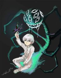 Rule 34 | 00s, 1boy, bug, butterfly, child, darkness, franken stein (soul eater), green eyes, insanity (soul eater), insect, male focus, shoes, sitting, solo, soul eater, white footwear, white hair