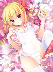 Rule 34 | 1girl, :o, blonde hair, blush, breasts, cameltoe, candy, cleft of venus, clothes pull, covered erect nipples, flandre scarlet, food, frilled skirt, frills, hair ribbon, heart, holding, kino (kino konomi), knee up, lollipop, lying, nipples, on back, one-piece swimsuit, one-piece swimsuit pull, one breast out, pillow, puffy short sleeves, puffy sleeves, pulling own clothes, red eyes, red ribbon, red skirt, ribbon, school swimsuit, see-through, short sleeves, side ponytail, skirt, small breasts, solo, sparkle, swimsuit, thighhighs, touhou, white one-piece swimsuit, white school swimsuit, white thighhighs, wings