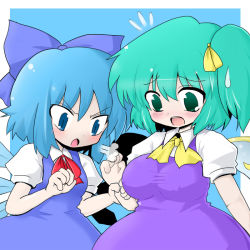 Rule 34 | 2girls, blue eyes, blue hair, bow, breast envy, breasts, cirno, covered erect nipples, daiyousei, dress, embodiment of scarlet devil, gosan (high&amp;high), green eyes, green hair, hair bow, large breasts, looking at breasts, multiple girls, pinafore dress, short hair, side ponytail, sleeveless, sleeveless dress, touhou, wings