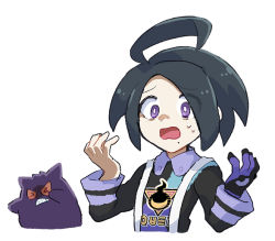 Rule 34 | &gt; &lt;, 1boy, ahoge, allister (pokemon), black hair, bright pupils, chiimako, collared shirt, commentary request, creatures (company), frown, game freak, gen 1 pokemon, gengar, gloves, hands up, long sleeves, male focus, mole, mole under mouth, nintendo, open mouth, pokemon, pokemon (creature), pokemon swsh, purple eyes, raised eyebrows, shirt, short hair, simple background, single glove, suspenders, teeth, tongue, upper body, white background, white pupils