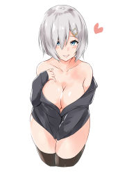 Rule 34 | 1girl, :d, absurdres, alternate costume, bare shoulders, between legs, black sweater, black thighhighs, blue eyes, blush, breasts, cleavage, collarbone, cropped legs, hair ornament, hair over one eye, hairclip, hamakaze (kancolle), hand between legs, heart, highres, kantai collection, large breasts, long sleeves, looking at viewer, off-shoulder sweater, off shoulder, open mouth, saku (kudrove), short hair, silver hair, simple background, sleeves past wrists, smile, solo, sweater, thighhighs, thighs, white background