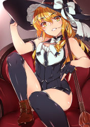 Rule 34 | 1girl, adapted costume, ankle boots, arm garter, arm up, armchair, bad id, bad pixiv id, bare shoulders, black gloves, black hat, black legwear, black shorts, black vest, blonde hair, blush, boots, bow, bowtie, broom, brown footwear, center frills, chair, chiha (abo ecm mk25), commentary request, cross-laced footwear, frills, gloves, grin, hair between eyes, half gloves, hand on headwear, hat, hat bow, head tilt, highres, kirisame marisa, knee up, lace-up boots, long hair, looking at viewer, parted lips, partially fingerless gloves, shirt, short shorts, shorts, sitting, sleeveless, sleeveless shirt, smile, solo, teeth, thighs, touhou, vest, white bow, white bowtie, white hat, white shirt, yellow eyes
