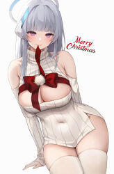 Rule 34 | 1girl, absurdres, bare shoulders, blue archive, blunt bangs, blush, breasts, christmas, churi (oxxchurixxo), closed mouth, collarbone, covered navel, cowboy shot, english text, grey hair, halo, highres, large breasts, long sleeves, looking at viewer, merry christmas, noa (blue archive), purple eyes, red ribbon, ribbon, simple background, smile, solo, thighhighs, thighs, white background, white thighhighs