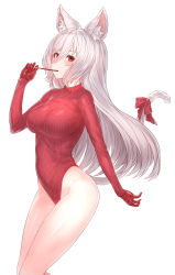 1girl, animal ear fluff, animal ears, bangs, bare legs, breasts, cat ears, cat girl, cat tail, cowboy shot, eyelashes, food, gloves, green eyes, hair between eyes, highleg, highleg leotard, highres, impossible clothes, impossible leotard, king&#039;s raid, kirze, large breasts, leotard, long hair, looking at viewer, meme attire, pocky, red eyes, red gloves, red leotard, ribbed leotard, ribbed sweater, ribbon, silver hair, simple background, skin tight, solo, sweater, tail, tail ornament, tail ribbon, turtleneck leotard, white background, yu mochi (kamiinu)