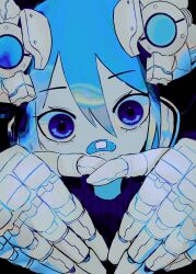 Rule 34 | 1girl, android, bandaid, bandaid on face, bandaid on nose, blue eyes, blue hair, blue sweater, blue theme, covered mouth, hair between eyes, hand focus, hands up, headgear, highres, looking at viewer, mechanical hands, original, ribbed sweater, solo, sweater, upper body, urokogaran