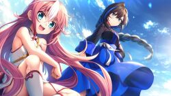 2girls blue_eyes blue_hair brown_hair game_cg hanzou_(koihime) koihime_musou multiple_girls pink_hair ryuuhou_(koihime) souten†koihime