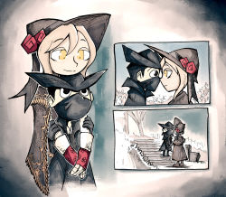Rule 34 | 1boy, 1girl, black coat, bloodborne, coat, flower, gloves, hat, head on head, height difference, hug, hunter (bloodborne), looking at another, mask, plain doll, rose, setz, shawl, stairs, white hair, yellow eyes