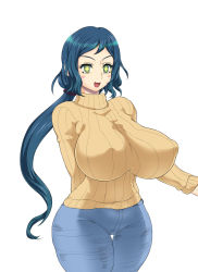 Rule 34 | 10s, 1girl, blue hair, breasts, covered erect nipples, curvy, denim, gundam, gundam build fighters, highres, huge breasts, iori rinko, legs, long hair, looking at viewer, mature female, open mouth, pants, ponytail, rebis, ribbed sweater, simple background, smile, solo, standing, star-shaped pupils, star (symbol), sweater, symbol-shaped pupils, thigh gap, thighs, turtleneck, white background, wide hips