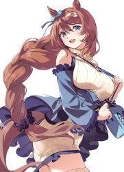 Rule 34 | 1girl, animal ears, between breasts, blue eyes, bow, braid, braided bangs, braided ponytail, breasts, brown hair, cowboy shot, ear covers, ear ribbon, front braid, highres, horse ears, horse girl, horse tail, large breasts, long hair, low-tied long hair, misu kasumi, open mouth, school uniform, scrunchie, sleeveless, sleeveless sweater, solo, strap between breasts, super creek (umamusume), sweater, tail, teeth, tracen school uniform, umamusume, upper teeth only, white sweater