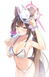 Rule 34 | 1girl, absurdres, animal ear fluff, animal ears, bead bracelet, beads, bikini, blue archive, blush, bow, bracelet, breasts, brown hair, cleavage, collarbone, commentary, cowboy shot, food, fox ears, fox girl, fox mask, fox tail, hair bow, halo, highres, holding, holding food, holding popsicle, jewelry, large breasts, long hair, looking at viewer, mask, navel, open mouth, pink halo, popsicle, purple bow, rupinn art, simple background, solo, sparkle, stomach, swimsuit, tail, tongue, tongue out, very long hair, wakamo (blue archive), wakamo (swimsuit) (blue archive), white background, white bikini, yellow eyes