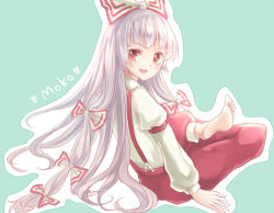 Rule 34 | 1girl, barefoot, bow, fujiwara no mokou, green background, hair bow, indian style, kashiwagi chisame, long hair, looking back, lowres, red eyes, simple background, sitting, solo, suspenders, touhou, very long hair, white hair