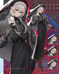 Rule 34 | + +, 1boy, ;), absurdres, belt, belt buckle, black belt, black footwear, black gloves, black robe, black shirt, boots, buckle, capelet, cassock, cellphone, closed eyes, closed mouth, cross, cross necklace, crossed bangs, english text, expressions, full body, gloves, grey capelet, grin, habit, hair between eyes, hair over shoulder, hand up, highres, holding, holding phone, jewelry, kodama masaki, long bangs, long hair, long sleeves, looking at viewer, male focus, multiple views, necklace, one eye closed, open hand, original, phone, priest, red eyes, robe, sharp teeth, shirt, smartphone, smile, solo, standing, teeth, turtleneck, white hair, zoom layer